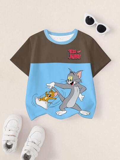 TOM & JERRY X SHEIN Camiseta de manga corta con cuello redondo y estampado de patrón de dibujos animados para niño joven con bloques de color