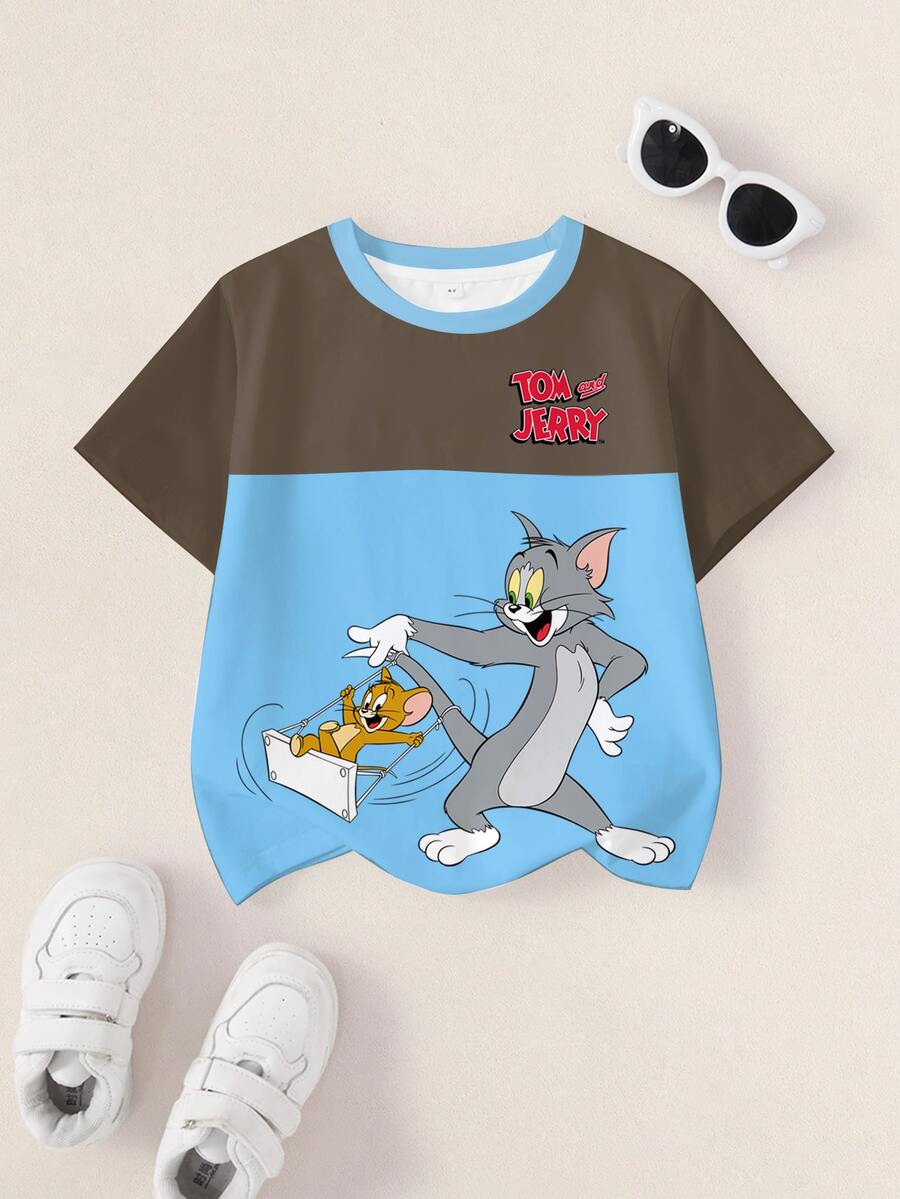TOM & JERRY X SHEIN Young Boy Cartoon Pattern Print Crew Neck Short Sleeve Colorblock T-Shirt - White - View 1