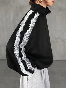 FRIFUL Women's Autumn Contrast Color Frill Trim Regular Jacket - Black - View 5