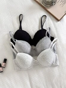 Napfluff Women's Lace Patchwork Bra 3pcs Set - Multicolor - View 5
