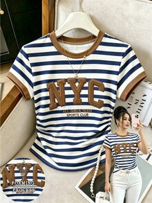 Franclia Women's Striped Short Sleeved T-Shirt With Printed With New York Letters Foaming Process ,College Style Autumn New Top,Casual Pretend,Gift For Friends - Multicolor - View 1