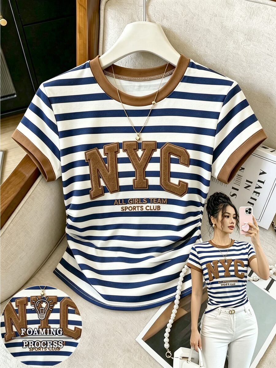 Franclia Women's Striped Short Sleeved T-Shirt With Printed With New York Letters Foaming Process ,College Style Autumn New Top,Casual Pretend,Gift For Friends - Multicolor - View 1