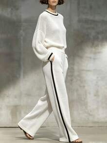 LUMIGAL Women's Striped Colorblock Long Sleeve Sweater And Pocket Pants 2 Pieces Set - White - View 3