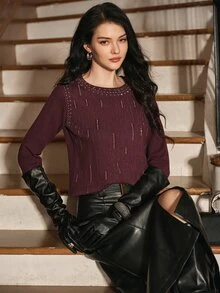 Anewsta Desain Busana Mewah Musim Gugur/Dingin Prancis, Sweater Rajut Leher Bulat Elegan dan Canggih Gaya Sosialita untuk Pesta Malam, Berhiaskan Berlian Imitasi Bintang yang Mewah dan Mewah - Burgundy - View 1