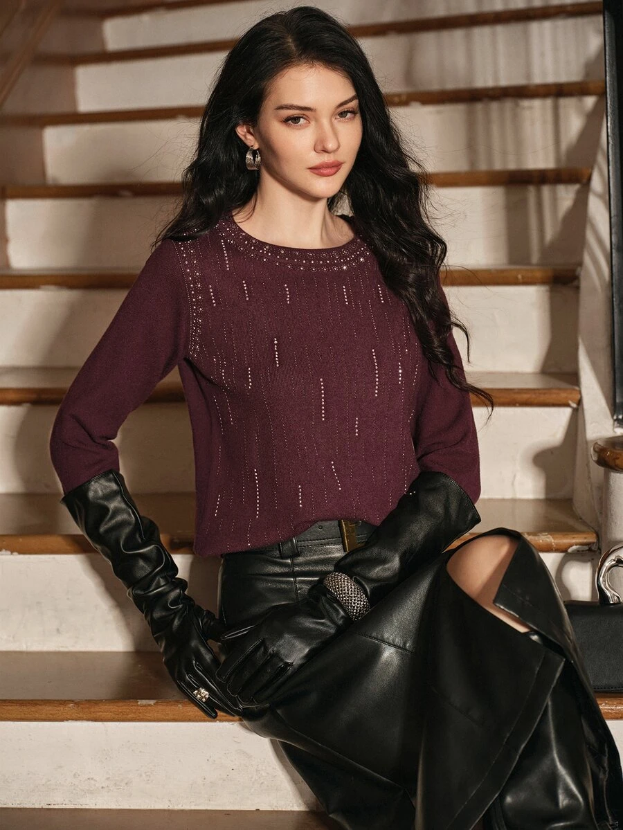 Anewsta Desain Busana Mewah Musim Gugur/Dingin Prancis, Sweater Rajut Leher Bulat Elegan dan Canggih Gaya Sosialita untuk Pesta Malam, Berhiaskan Berlian Imitasi Bintang yang Mewah dan Mewah - Burgundy - View 1