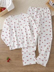 Tween Girl Cherry Bow Print Long Sleeve Long Pants Trim Cardigan Pajama Set Loungewear - Multicolor - View 5