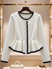 GlowEve CURVE Plus Size Button Striped Colorblock Ruffle Knit Cardigan - White - View 1