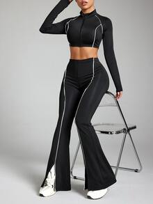 Eassivo Slim Fit Cropped Jacket & Flare Pants Sportswear Set - Multicolor - View 5