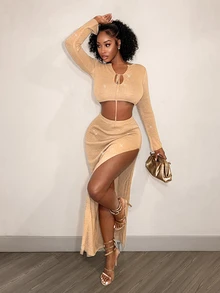 BamGleam Women's Sexy Lace-Up Long Sleeve Sweater And Slit Maxi Skirt 2 Pieces Set - Gold - View 2