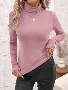 SHEIN Clasi 女款立領抓皺腰部保暖發熱T恤 - 粉色 - 查看 4