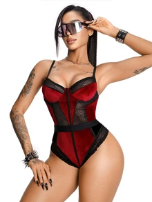 AltBold 1pc Velvet & Lace Patchwork Bodysuit - Multicolor - View 1