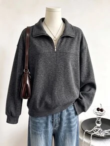 SHEIN Sparklyn 青少年女孩純色落肩長袖半拉鍊休閒運動衫 - 深灰色 - 查看 5