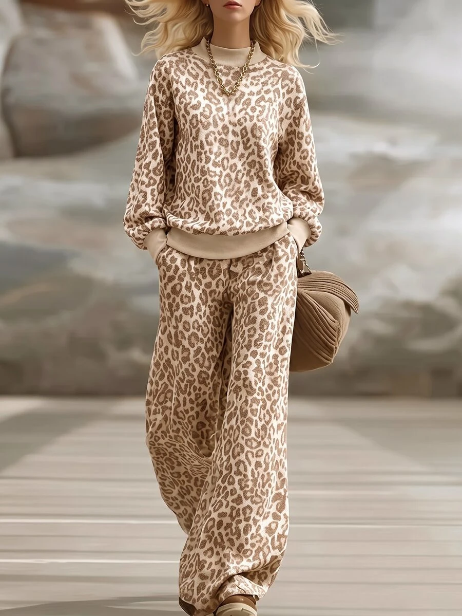 Breezaya Bộ đồ mặc nhà 2 món họa tiết da báo cho nữ, áo sweatshirt cổ cao và quần ống loe, bộ đồ thể thao thường ngày - Nhiều màu - Xem 1