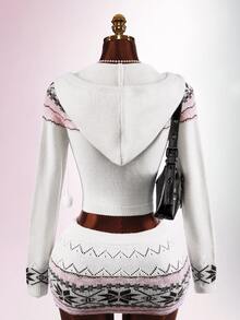 Amplova Women's Fair Isle Style Zip-Up Drawstring Hooded Knit Cardigan - White - View 10