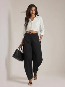 SHEIN Tall Tall Women's Black Lace-Panel Curved-Leg Trousers - Black - View 5