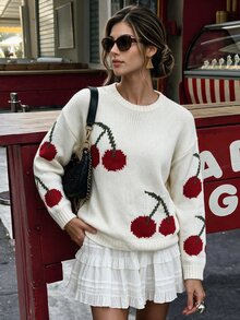 Selianne Cute Cherry Pattern Knit Pullover, Women Crew Neck Long Sleeve Drop Shoulder Loose Fall Sweater School White And Red Casual - White - View 6