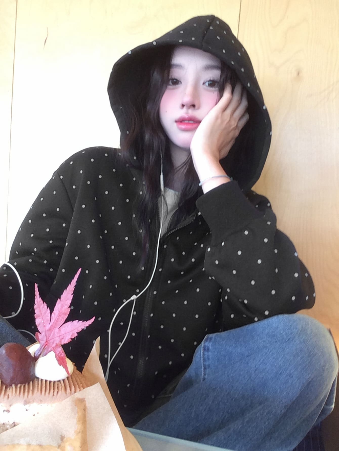 DAZY Women's Polka Dot Loose Hooded Casual Sweatshirt Fall - Black - View 1