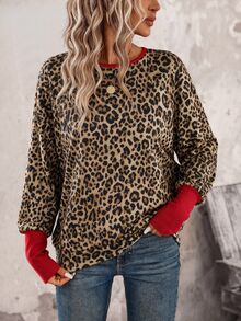 SHEIN LUNE 豹紋拼色蝙蝠袖運動衫，畢業季、教師節、返校季，秋冬女款長袖上衣 - 彩色 - 查看 3