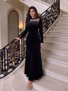 Modelyn French Style Round Neck Lace Patchwork Velvet Mermaid Dress For Women - Black - View 7