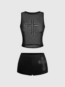 ROMWE Grunge Punk Sexy Punk Rhinestone Cross Bodycon Sheer Tank Top & Ultra Low Waist Mini Skirt 2pcs Set - Black - View 1