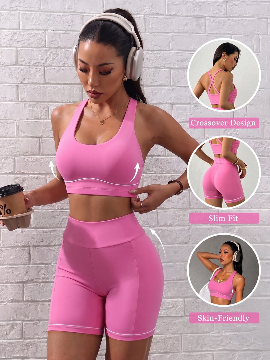 Eassivo Women's 2 Pieces Sports Set, Pink Yoga Fitness Outfit, White Underbust Design, Workout Exercise Set - Pink - View 1