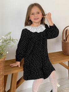 Dazy Kids 女童甜美法式蕾絲拼接長袖洋裝 - 黑色 - 查看 6