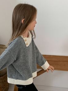 DAZY Young Girl) Colorblock Collar Long Sleeve Autumn/Winter Grey Design Sweater - Grey - View 1