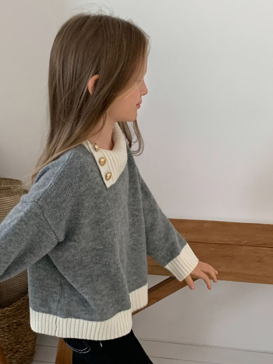 DAZY Young Girl) Colorblock Collar Long Sleeve Autumn/Winter Grey Design Sweater - Grey - View 1