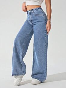 SHEIN ICON 大尺碼女款極簡復古街頭風中藍色水洗牛仔褲 - 藍色 - 查看 7