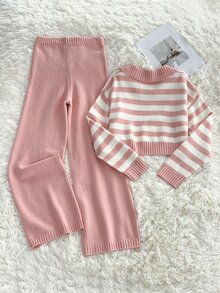 Elamini Minimalist Casual Women's Autumn/Winter Pink And White Light Pink Collared Long Sleeve Loose Knit Sweater And Pants 2 Pieces Set Lounge - Pink - View 2