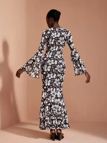 JIAN LASALA Gaun Panjang Berenda Jala Lengan Panjang dengan Hem Dua Lapis, Gaun Pesta Liburan Elegan - Hitam dan Putih - View 2