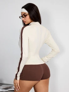 Slayform 2026 Autumn/Winter New Style Stand-Up Collar Long-Sleeved Fitted Waistline Figure-Hugging Color-Matching Design Yoga Jacket, Coat, Suitable For Outdoo - Apricot - View 2