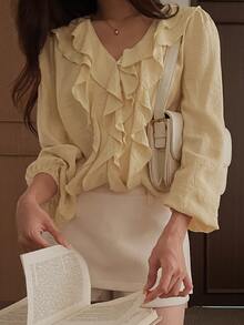 DAZY Women's Solid Color Patchwork Ruffle Long Sleeve Fashion Blouse - Yellow - View 1