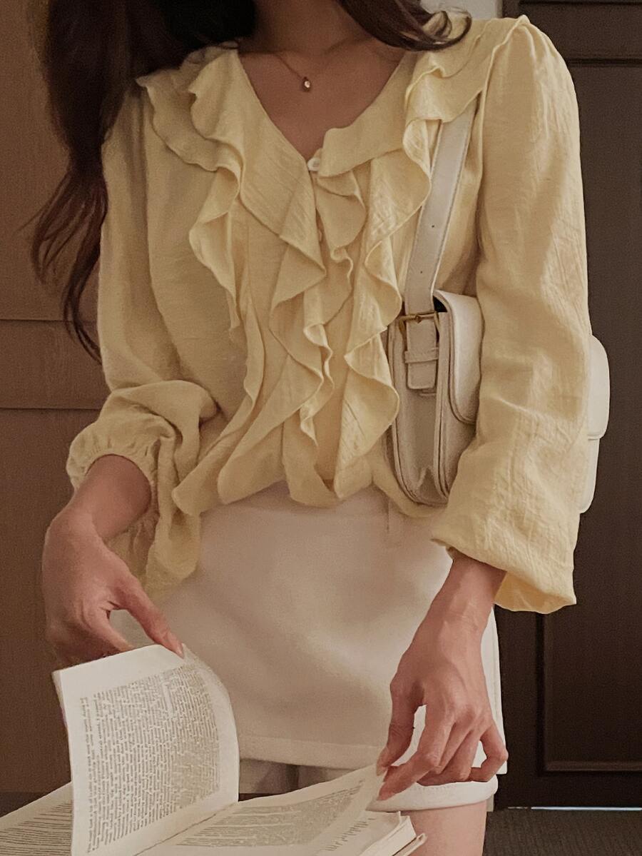 DAZY Women's Solid Color Patchwork Ruffle Long Sleeve Fashion Blouse - Yellow - View 1