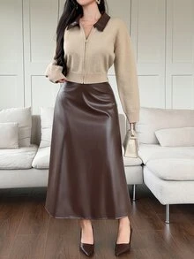DAZY Autumn/Winter Leather Lapel Patchwork PU Leather Cardigan & Mid-Length Waist-Cinching Slimming Skirt 2pcs Set For Women, Commute, Date, Streetwear - Coffee Brown - View 5