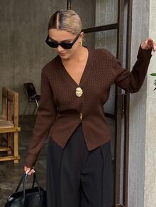 DAZY Autumn V-Neck Long Sleeve Deep Coffee Color Elegant Vintage Style Women's Cardigan Sweater - Burgundy - View 5