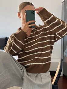 DAZY Women's Vintage Fashion Striped Colorblock Long Sleeve Sweater - Brown - View 1