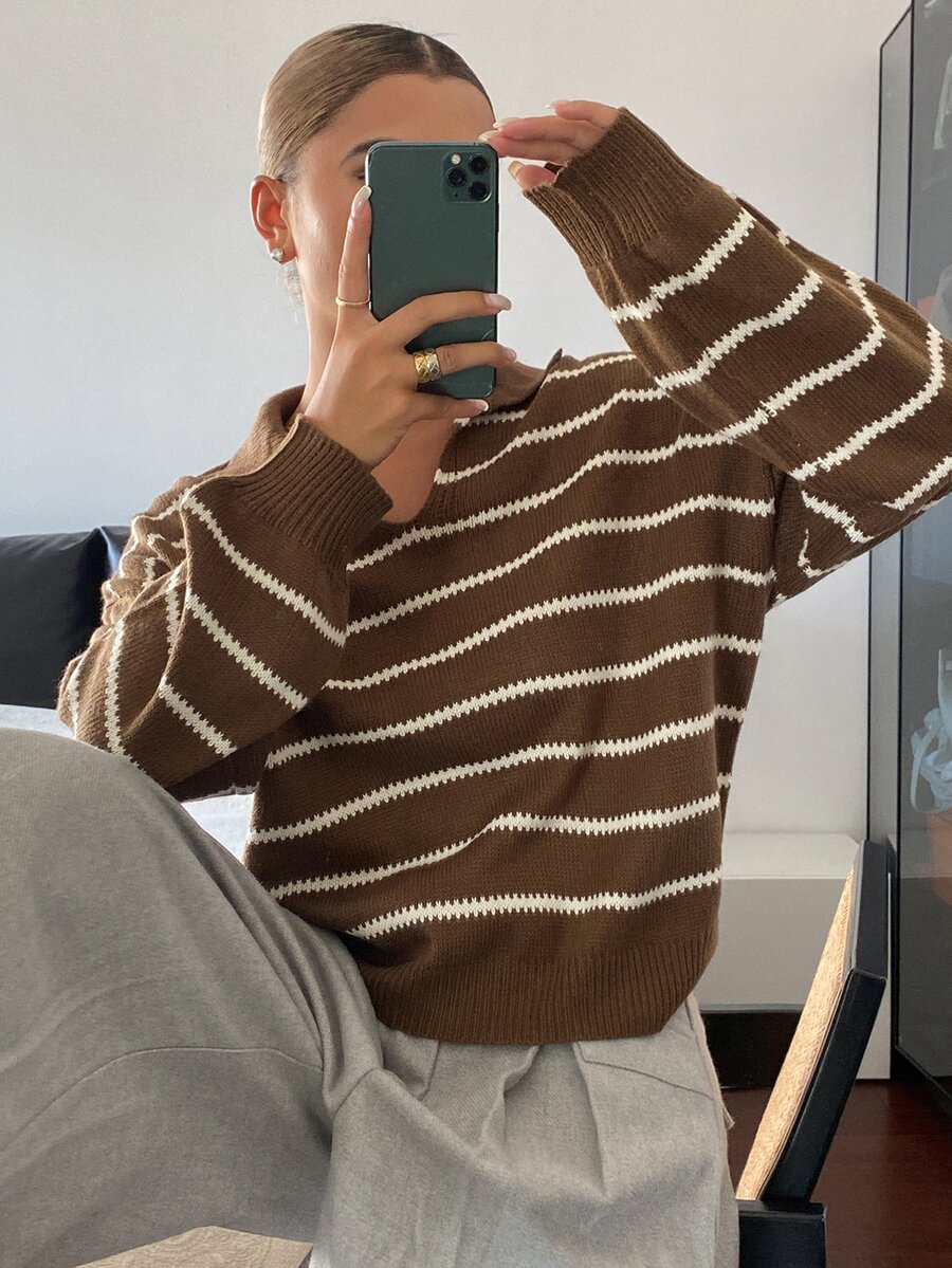 DAZY Women's Vintage Fashion Striped Colorblock Long Sleeve Sweater - Brown - View 1