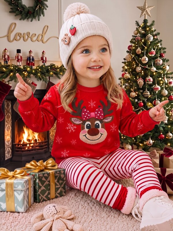 SHEIN 2pcs Baby GirlCute Cartoon Pattern Sweatshirt & Striped Elastic Waist Leggings Set