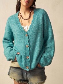 Bohemela 秋冬休閒復古寬鬆針織開襟衫 - 綠色 - 查看 4