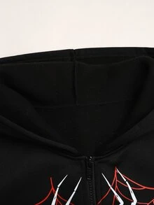 SHEIN 青少年女孩黑色紅色蜘蛛圖案印花休閒寬鬆冬季夾克，簡約學院風休閒外套 - 黑色 - 查看 5
