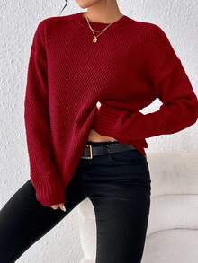 SHEIN Raffinéa Women's Casual Simple Versatile Solid Color Sweater, Autumn/Winter Everyday Burgundy Red - Red - View 4