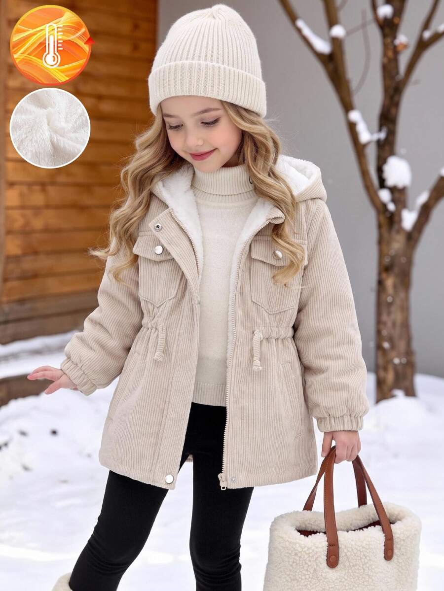 SHEIN Elladie kids 返校季女童幼童冬季新款 2026 復古卡其色燈芯絨布料保暖內裡拉鍊連帽上衣，收腰設計，適合冬季外出與通勤，百搭抓絨時尚夾克