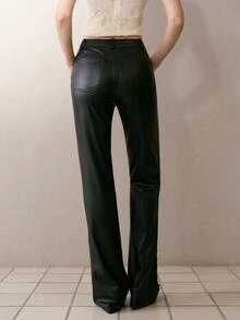 MOTF PREMIUM Celana Panjang Wanita Slim Fit Kulit PU dengan Hiasan Tali Serut - Hitam - View 7
