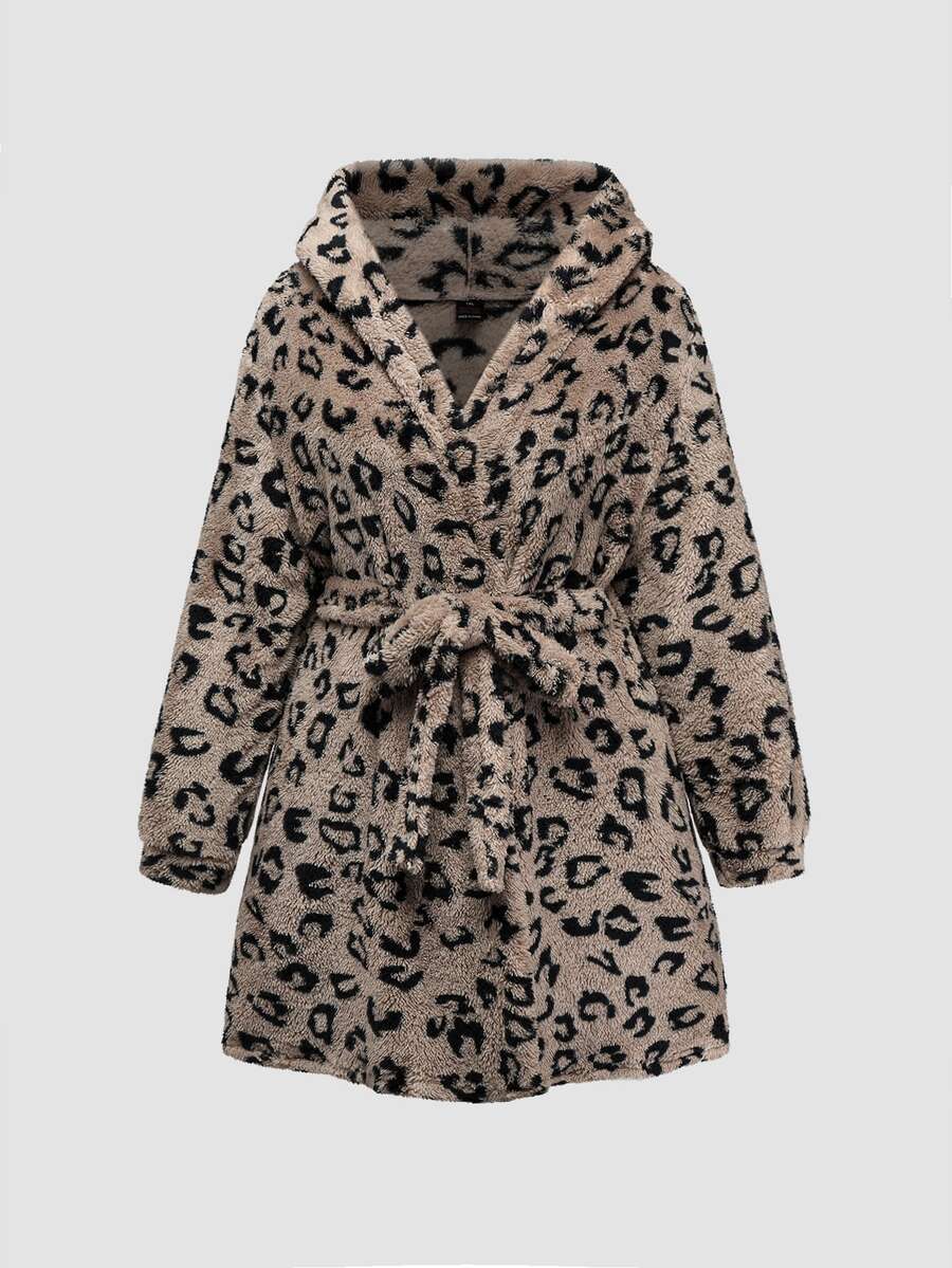 Chillnights Plus Size Winter Leopard Print Warm Hooded Robe - Multicolor - View 1