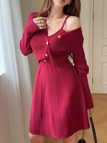 Feyla Women's Solid Color Long Sleeve Single-Breasted Knit Cardigan And Camisole Knit Dress Set - Burgundy - View 4