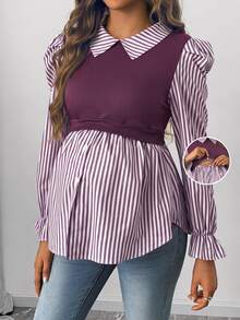 SHEIN 孕婦秋季休閒條紋拼接哺乳上衣 - 淺灰紫 - 查看 1