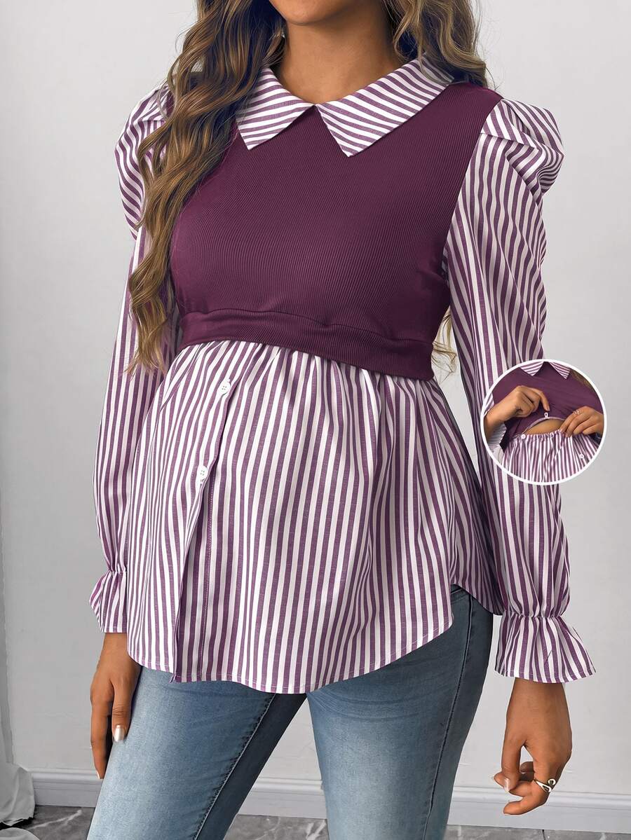 SHEIN 孕婦秋季休閒條紋拼接哺乳上衣 - 淺灰紫 - 查看 1