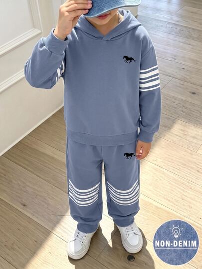 Young Boys Casual Minimalist Loose Sports Hoodie & Pants 2 Pieces Set, Long Sleeve, Classic Striped Color Block Pattern Print, Exquisite Logo Pony Graphic Print, Suitable For Autumn/Winter, Back To School Season