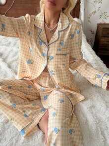 CottageSlumber Fresh Plaid Blue Ditsy Floral Lapel Button-Up Pajama Set - Yellow - View 1